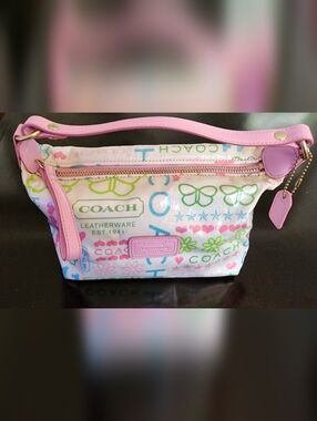 COACH White Multicolor Vinyl Cosmetic Bag with Pink Trim